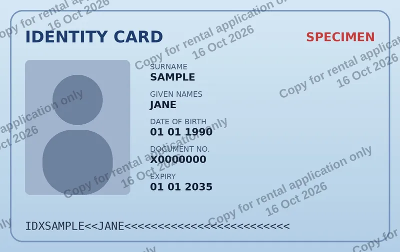 Specimen ID card watermarked with “Copy for rental application only” and a date